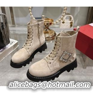 Unique Style Roger Vivier Viv' Rangers Truck Ankle Boots 5cm in Suede with Strass Buckle Beige 1212031 2026