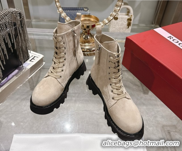 Unique Style Roger Vivier Viv' Rangers Truck Ankle Boots 5cm in Suede with Strass Buckle Beige 1212031 2026