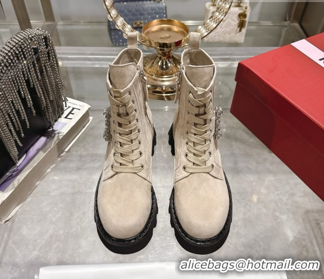 Unique Style Roger Vivier Viv' Rangers Truck Ankle Boots 5cm in Suede with Strass Buckle Beige 1212031 2026