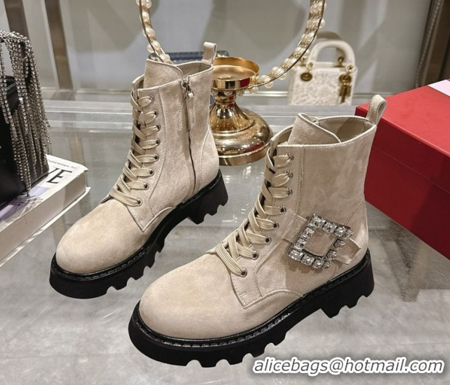Unique Style Roger Vivier Viv' Rangers Truck Ankle Boots 5cm in Suede with Strass Buckle Beige 1212031 2026