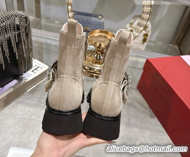 Unique Style Roger Vivier Viv' Rangers Truck Ankle Boots 5cm in Suede with Strass Buckle Beige 1212031 2026