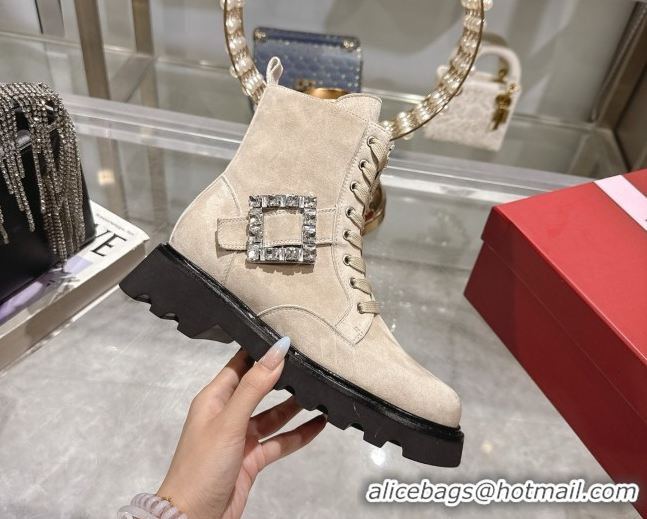 Unique Style Roger Vivier Viv' Rangers Truck Ankle Boots 5cm in Suede with Strass Buckle Beige 1212031 2026