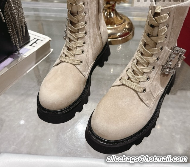 Unique Style Roger Vivier Viv' Rangers Truck Ankle Boots 5cm in Suede with Strass Buckle Beige 1212031 2026