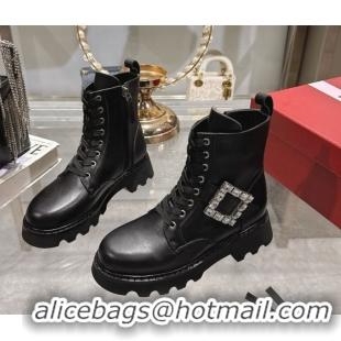 Best Product Roger Vivier Viv' Rangers Truck Ankle Boots 5cm in Calfskin Leather with Strass Buckle Black 1212032 2026