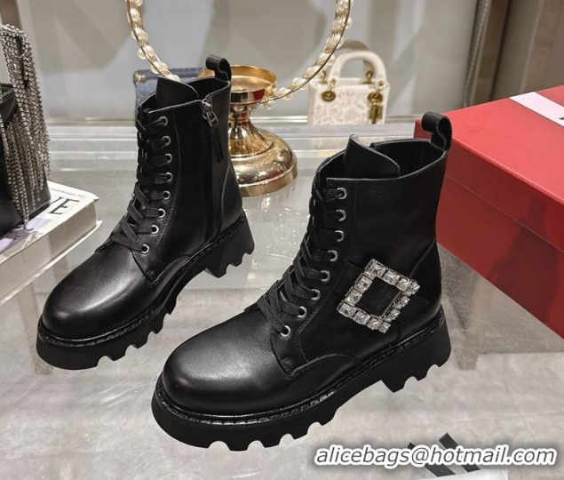 Best Product Roger Vivier Viv' Rangers Truck Ankle Boots 5cm in Calfskin Leather with Strass Buckle Black 1212032 2026