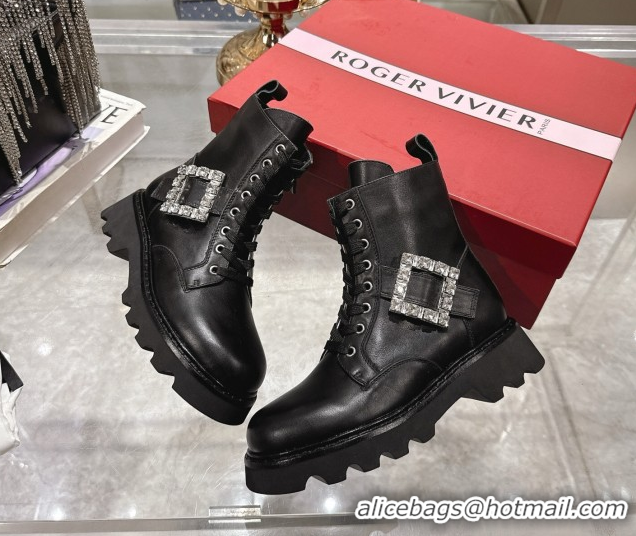 Best Product Roger Vivier Viv' Rangers Truck Ankle Boots 5cm in Calfskin Leather with Strass Buckle Black 1212032 2026