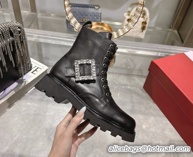 Best Product Roger Vivier Viv' Rangers Truck Ankle Boots 5cm in Calfskin Leather with Strass Buckle Black 1212032 2026