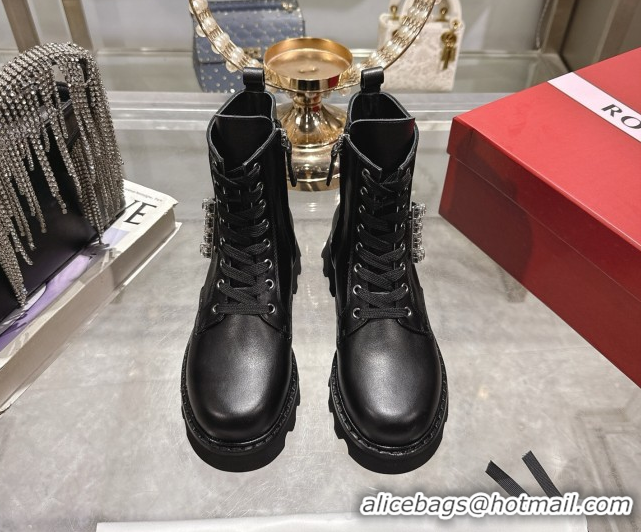 Best Product Roger Vivier Viv' Rangers Truck Ankle Boots 5cm in Calfskin Leather with Strass Buckle Black 1212032 2026