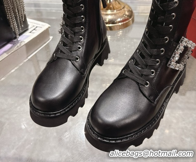 Best Product Roger Vivier Viv' Rangers Truck Ankle Boots 5cm in Calfskin Leather with Strass Buckle Black 1212032 2026