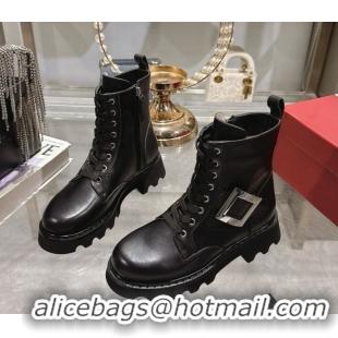 Most Popular Roger Vivier Viv' Rangers Truck Ankle Boots 5cm in Calfskin Leather with Metal Buckle Black/Silver 1212035 
