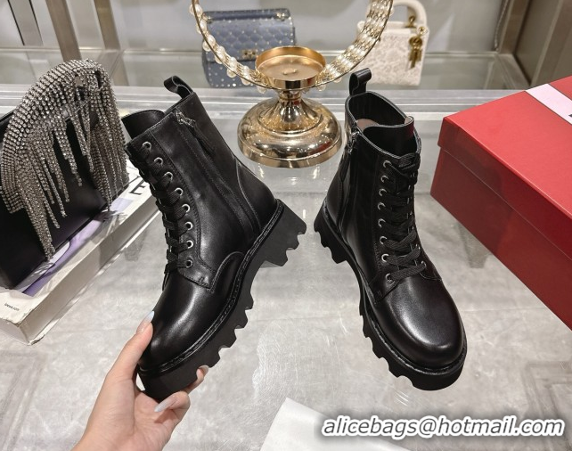 Most Popular Roger Vivier Viv' Rangers Truck Ankle Boots 5cm in Calfskin Leather with Metal Buckle Black/Silver 1212035 