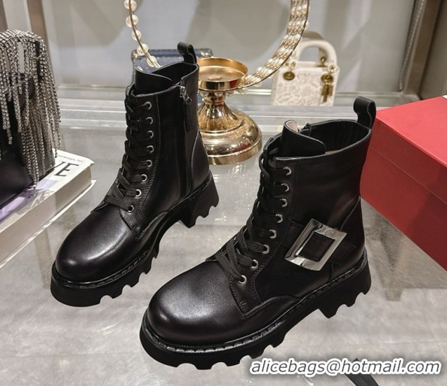 Most Popular Roger Vivier Viv' Rangers Truck Ankle Boots 5cm in Calfskin Leather with Metal Buckle Black/Silver 1212035 