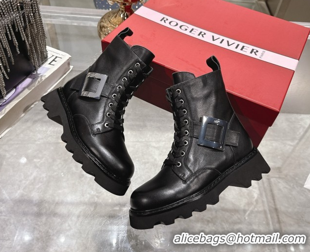 Most Popular Roger Vivier Viv' Rangers Truck Ankle Boots 5cm in Calfskin Leather with Metal Buckle Black/Silver 1212035 