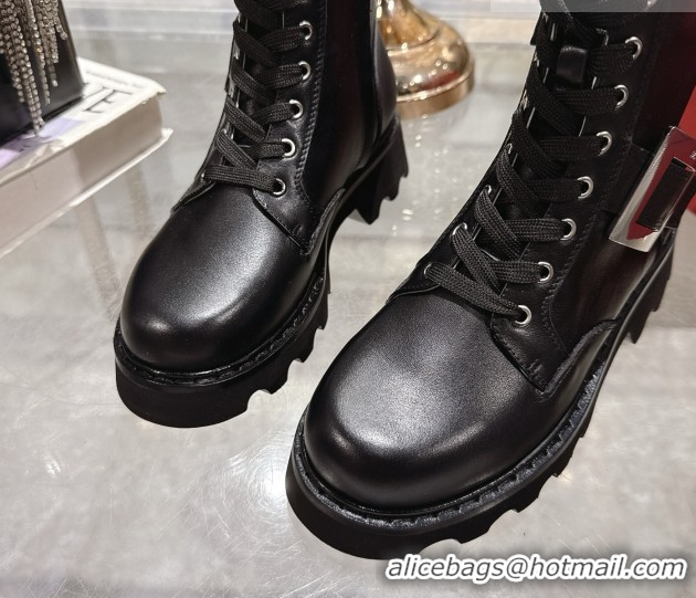 Most Popular Roger Vivier Viv' Rangers Truck Ankle Boots 5cm in Calfskin Leather with Metal Buckle Black/Silver 1212035 