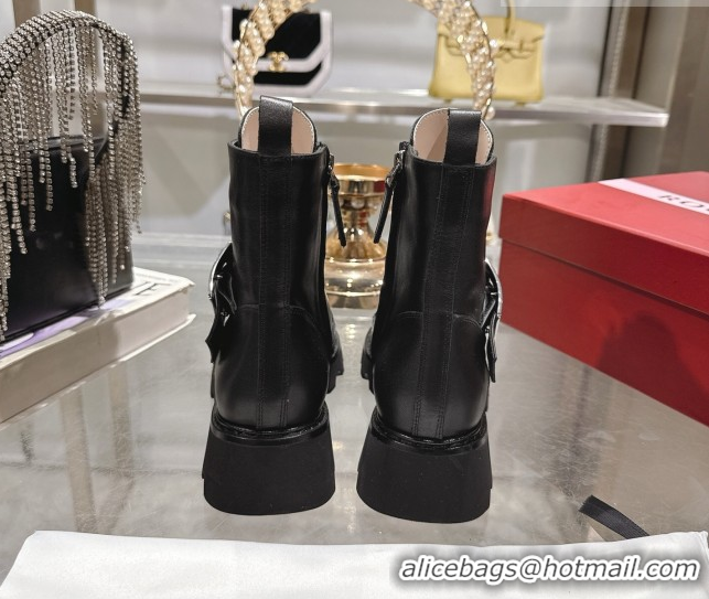 Most Popular Roger Vivier Viv' Rangers Truck Ankle Boots 5cm in Calfskin Leather with Metal Buckle Black/Silver 1212035 