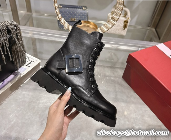 Most Popular Roger Vivier Viv' Rangers Truck Ankle Boots 5cm in Calfskin Leather with Metal Buckle Black/Silver 1212035 