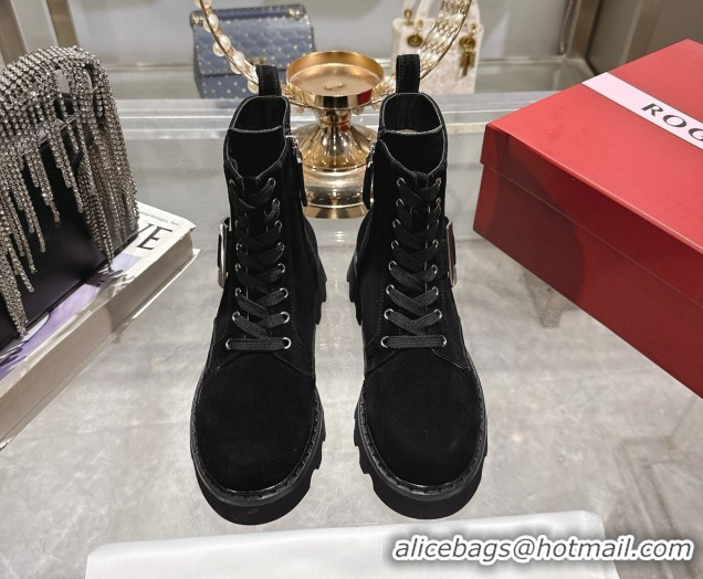 Cheap Price Roger Vivier Viv' Rangers Truck Ankle Boots 5cm in Suede with Metal Buckle Black 1212033 2026