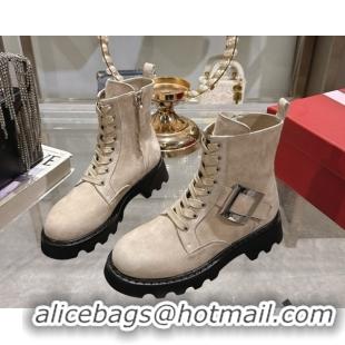 Durable Roger Vivier Viv' Rangers Truck Ankle Boots 5cm in Suede with Metal Buckle Beige 1212036 2026