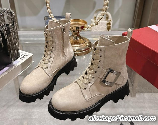 Durable Roger Vivier Viv' Rangers Truck Ankle Boots 5cm in Suede with Metal Buckle Beige 1212036 2026