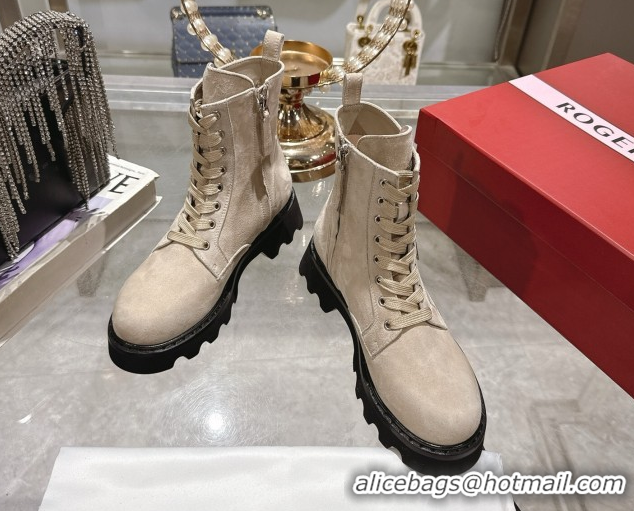Durable Roger Vivier Viv' Rangers Truck Ankle Boots 5cm in Suede with Metal Buckle Beige 1212036 2026