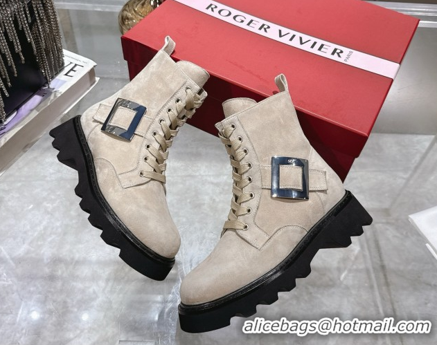 Durable Roger Vivier Viv' Rangers Truck Ankle Boots 5cm in Suede with Metal Buckle Beige 1212036 2026