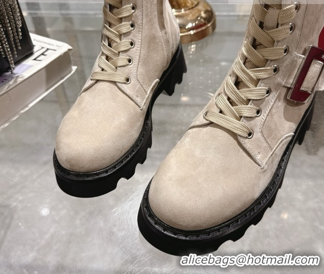 Durable Roger Vivier Viv' Rangers Truck Ankle Boots 5cm in Suede with Metal Buckle Beige 1212036 2026