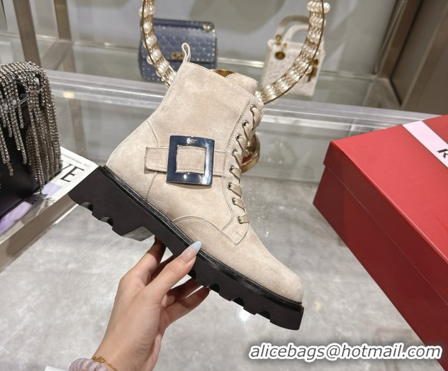 Durable Roger Vivier Viv' Rangers Truck Ankle Boots 5cm in Suede with Metal Buckle Beige 1212036 2026