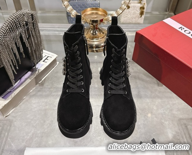 Good Product Roger Vivier Viv' Rangers Truck Ankle Boots 5cm in Suede with Strass Buckle Black 1212038 2026
