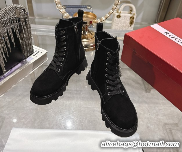 Good Product Roger Vivier Viv' Rangers Truck Ankle Boots 5cm in Suede with Strass Buckle Black 1212038 2026