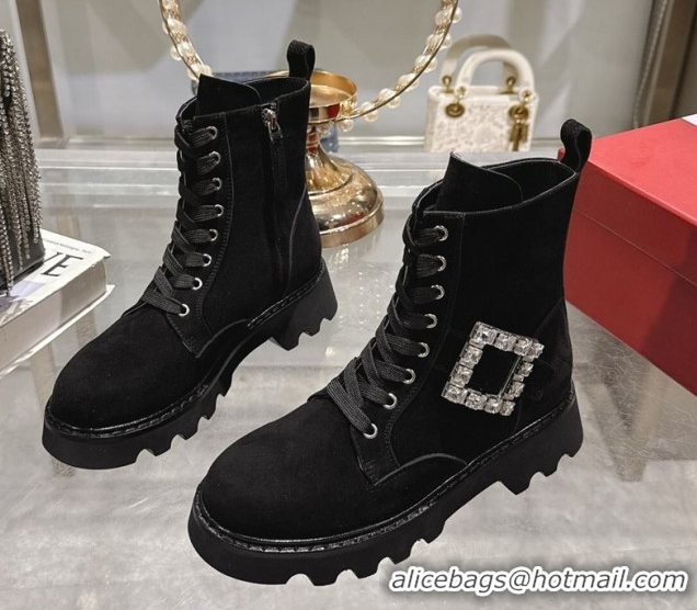 Good Product Roger Vivier Viv' Rangers Truck Ankle Boots 5cm in Suede with Strass Buckle Black 1212038 2026