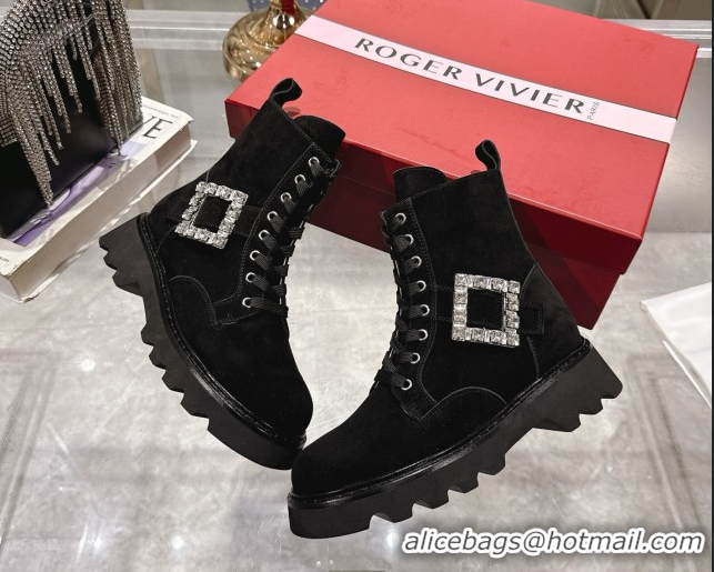 Good Product Roger Vivier Viv' Rangers Truck Ankle Boots 5cm in Suede with Strass Buckle Black 1212038 2026