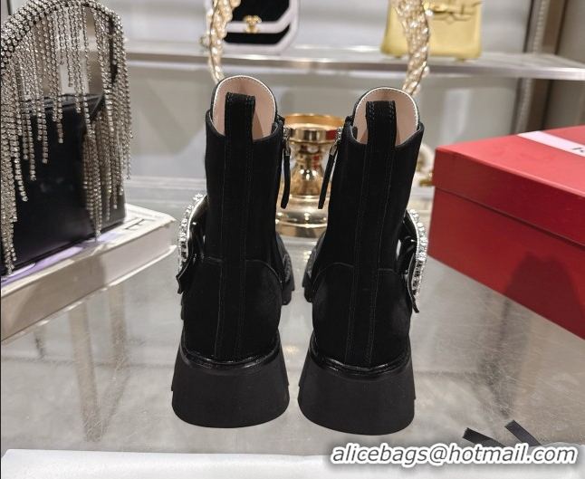 Good Product Roger Vivier Viv' Rangers Truck Ankle Boots 5cm in Suede with Strass Buckle Black 1212038 2026
