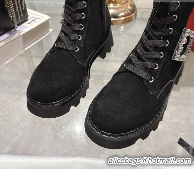 Good Product Roger Vivier Viv' Rangers Truck Ankle Boots 5cm in Suede with Strass Buckle Black 1212038 2026
