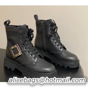 Cheap Roger Vivier Viv' Rangers Truck Ankle Boots 5cm in Calfskin Leather with Metal-Tone Buckle Black/Gold 1212037 2026