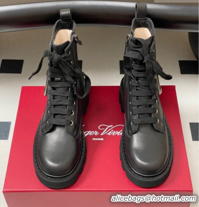 Cheap Roger Vivier Viv' Rangers Truck Ankle Boots 5cm in Calfskin Leather with Metal-Tone Buckle Black/Gold 1212037 2026