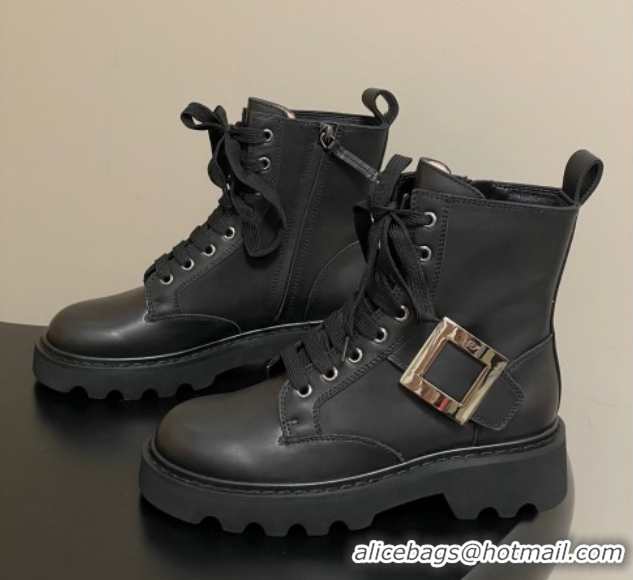 Cheap Roger Vivier Viv' Rangers Truck Ankle Boots 5cm in Calfskin Leather with Metal-Tone Buckle Black/Gold 1212037 2026