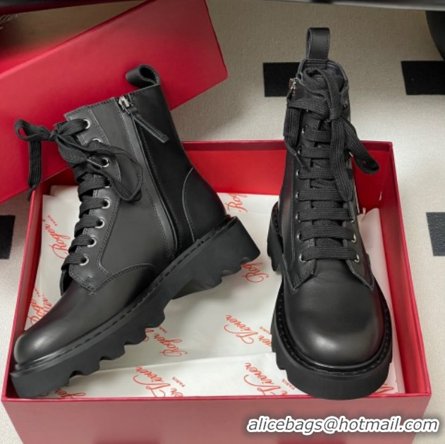 Cheap Roger Vivier Viv' Rangers Truck Ankle Boots 5cm in Calfskin Leather with Metal-Tone Buckle Black/Gold 1212037 2026