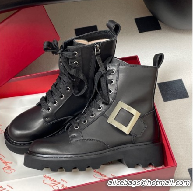 Cheap Roger Vivier Viv' Rangers Truck Ankle Boots 5cm in Calfskin Leather with Metal-Tone Buckle Black/Gold 1212037 2026