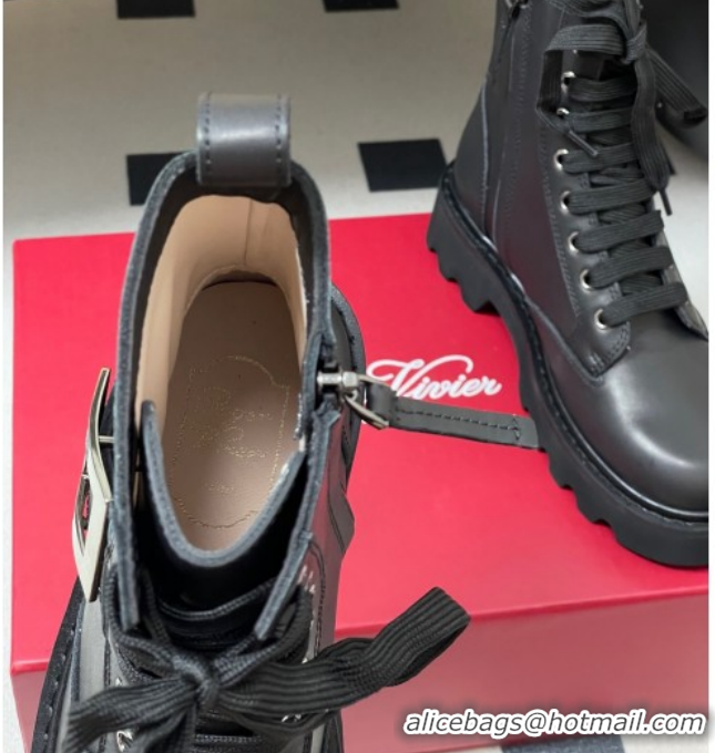 Cheap Roger Vivier Viv' Rangers Truck Ankle Boots 5cm in Calfskin Leather with Metal-Tone Buckle Black/Gold 1212037 2026