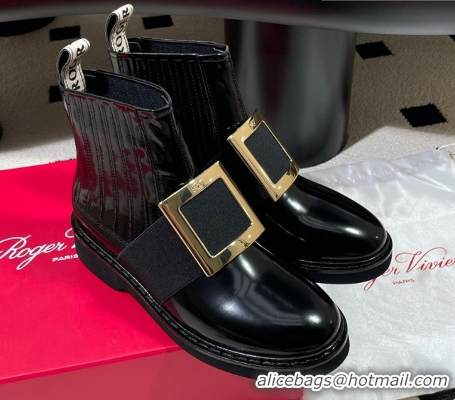 Popular Style Roger Vivier Viv' Rangers Flat Chelsea Booties in Patent Leather with Strass Buckle Black RV121206 2026