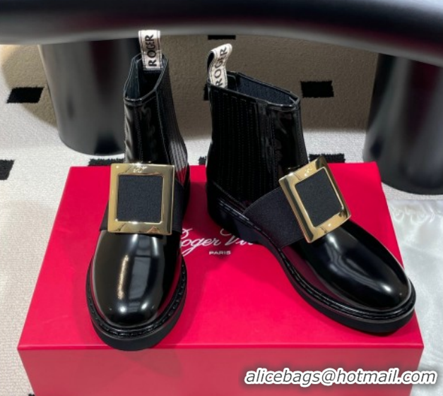 Popular Style Roger Vivier Viv' Rangers Flat Chelsea Booties in Patent Leather with Strass Buckle Black RV121206 2026