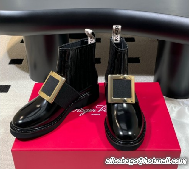 Popular Style Roger Vivier Viv' Rangers Flat Chelsea Booties in Patent Leather with Strass Buckle Black RV121206 2026