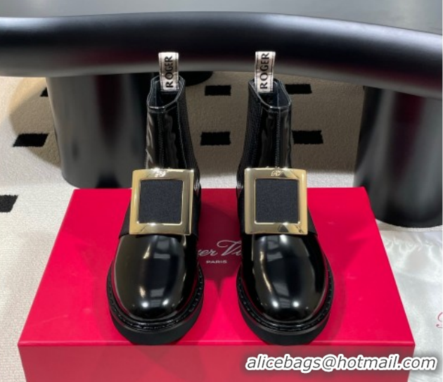 Popular Style Roger Vivier Viv' Rangers Flat Chelsea Booties in Patent Leather with Strass Buckle Black RV121206 2026