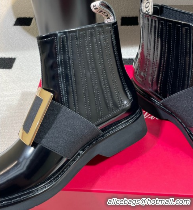 Popular Style Roger Vivier Viv' Rangers Flat Chelsea Booties in Patent Leather with Strass Buckle Black RV121206 2026
