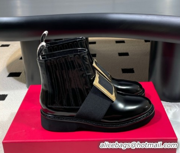 Popular Style Roger Vivier Viv' Rangers Flat Chelsea Booties in Patent Leather with Strass Buckle Black RV121206 2026
