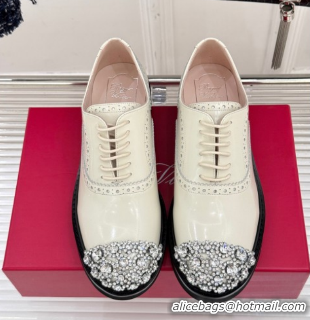 Luxury Roger Vivier Viv' Rangers Lace-ups Shoes in Patent Leather with Strass RV121207 White 2026