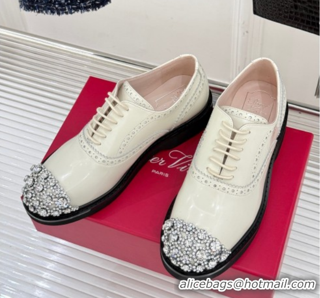 Luxury Roger Vivier Viv' Rangers Lace-ups Shoes in Patent Leather with Strass RV121207 White 2026