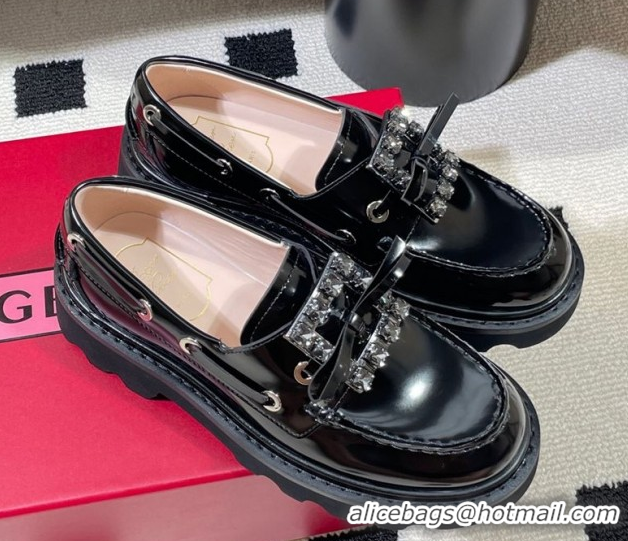 Cheap Roger Vivier Viv' Rangers Truck Boat Shoes 4.5cm in Shiny Leather with Strass Buckle RV121208 Black 2026