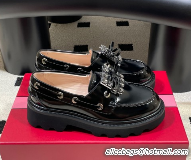Cheap Roger Vivier Viv' Rangers Truck Boat Shoes 4.5cm in Shiny Leather with Strass Buckle RV121208 Black 2026