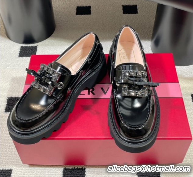 Cheap Roger Vivier Viv' Rangers Truck Boat Shoes 4.5cm in Shiny Leather with Strass Buckle RV121208 Black 2026